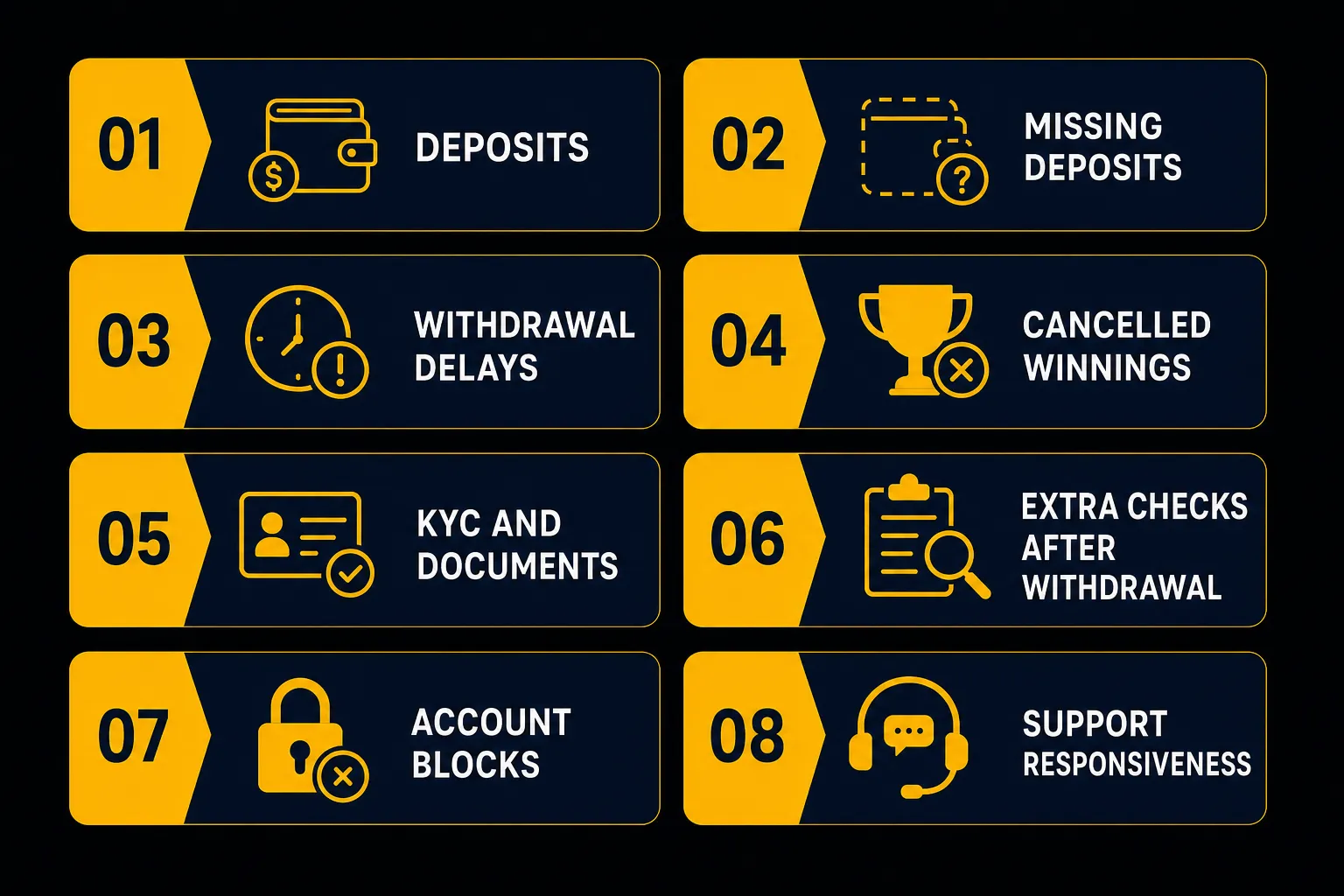 Grid infographic listing eight common Kaboom77 complaint categories