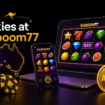 Smartphone and laptop showing colourful online pokies reels