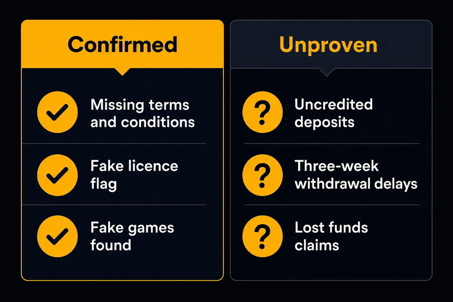 Two-column infographic contrasting confirmed facts with unproven player claims