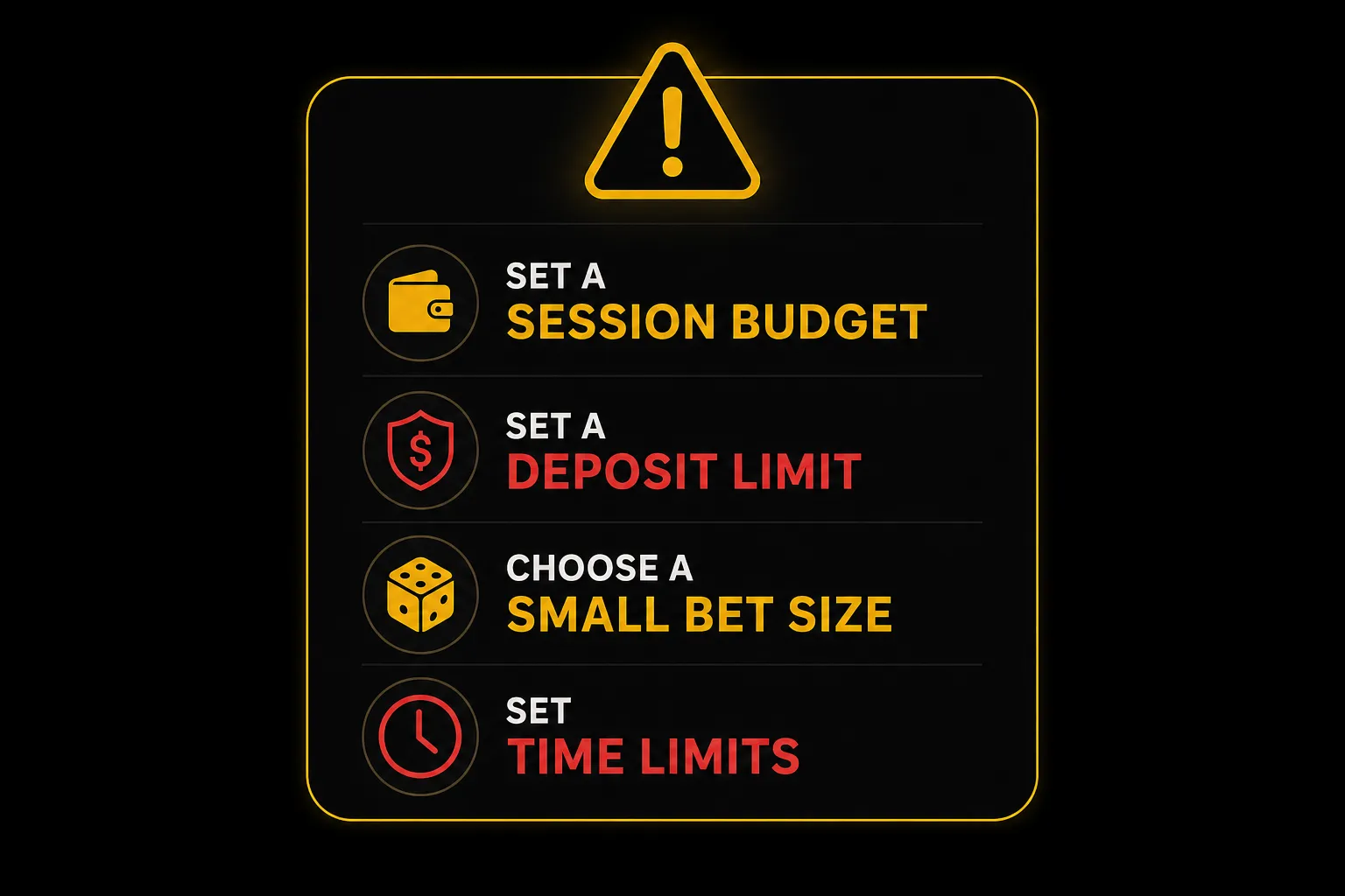 Warning card listing responsible gambling limits and precautions